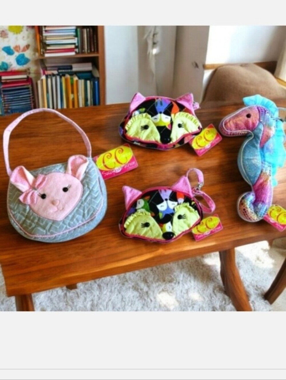 4 Piece Girls Bags: Mouse Tote Bag, Seahorse Wristlet, Fox Pouch NWT
